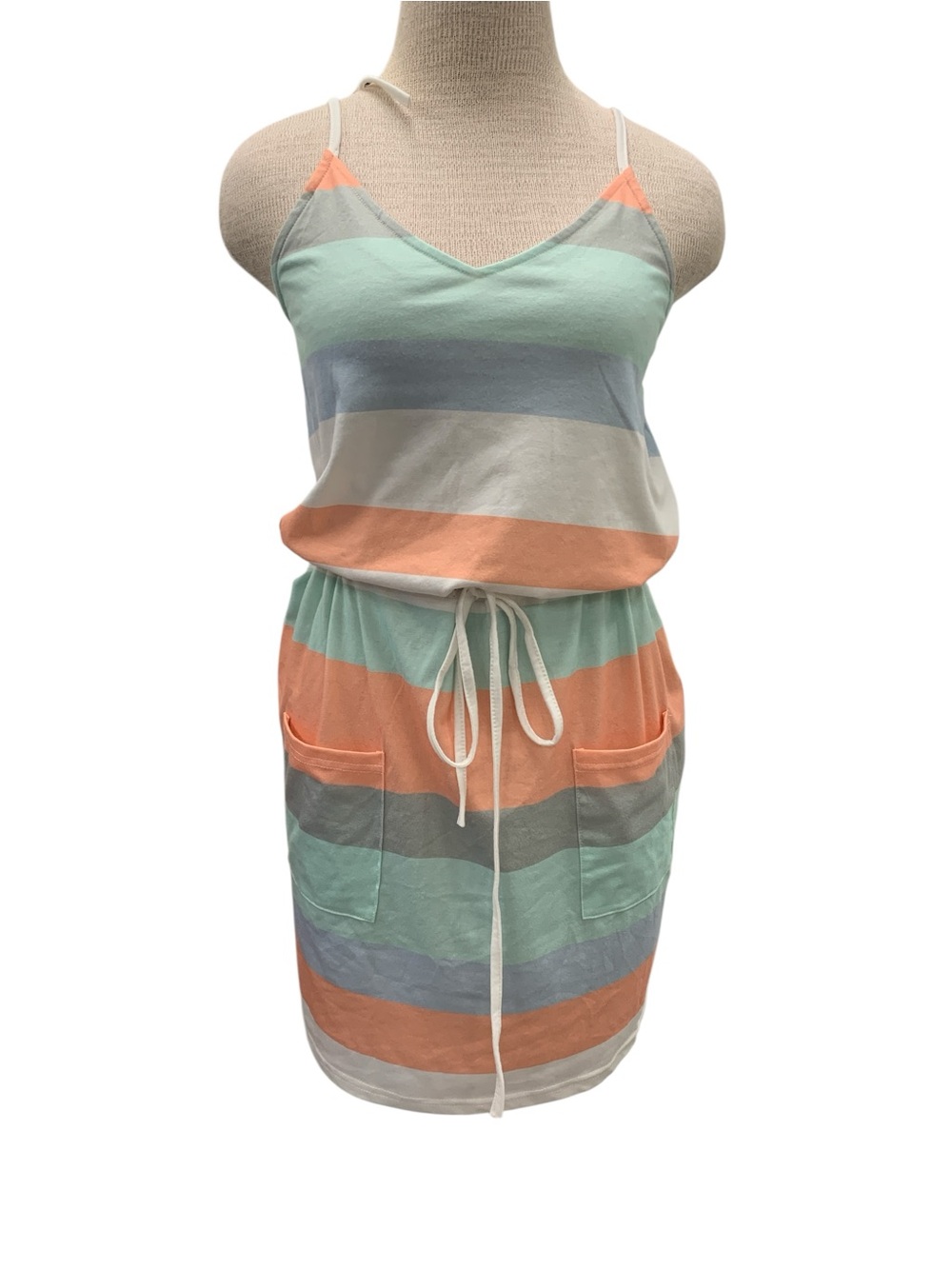 Striped Spaghetti Strap Dress in Mint, Peach & Gray Size S